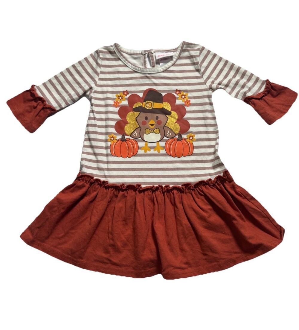 Little Lass 2T Thanksgiving Turkey Dress Pumpkin Striped Ruffle Fall Toddler